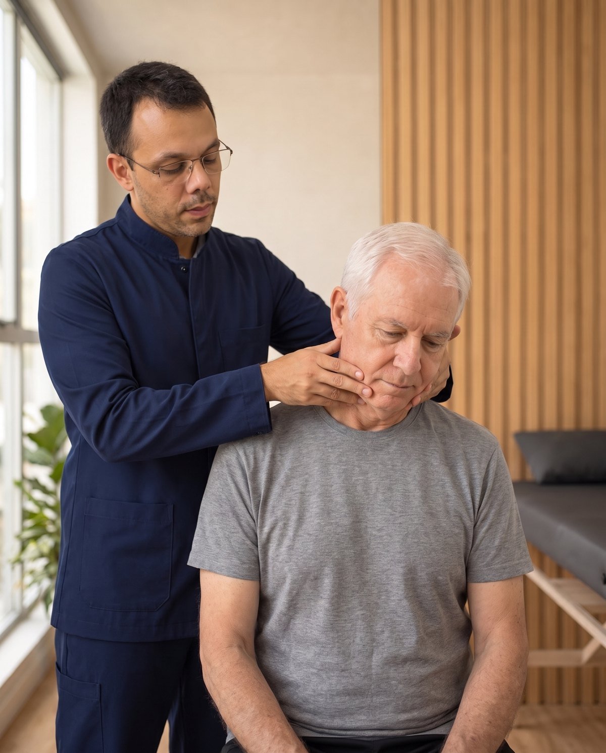 Dr. Rafael Straub avaliando a região cervical de um paciente